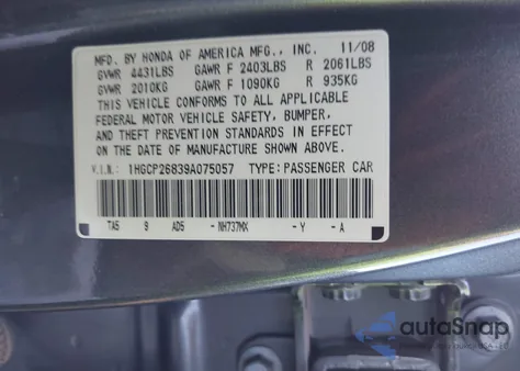 2009 Honda Accord 2.4 Ex-L from USA, damaged, VIN 1HGCP26839A075057